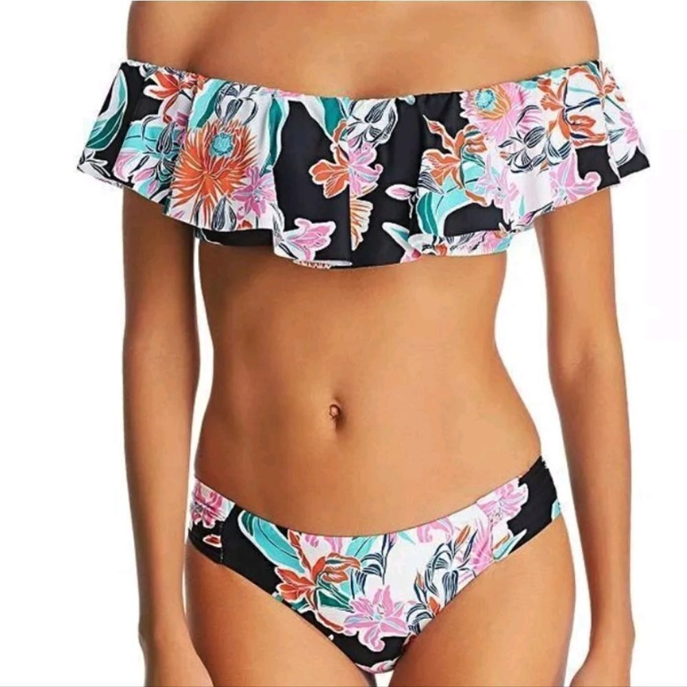 Trina Turk tropic Wave Ruffle Bandeau top Shirred Hipster Bottom bikini Size 8